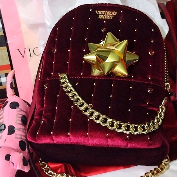 Victoria's Secret Burgundy Velvet Stud City Mini Backpack🎒Crossover Gold HW NWT - Picture 10 of 14